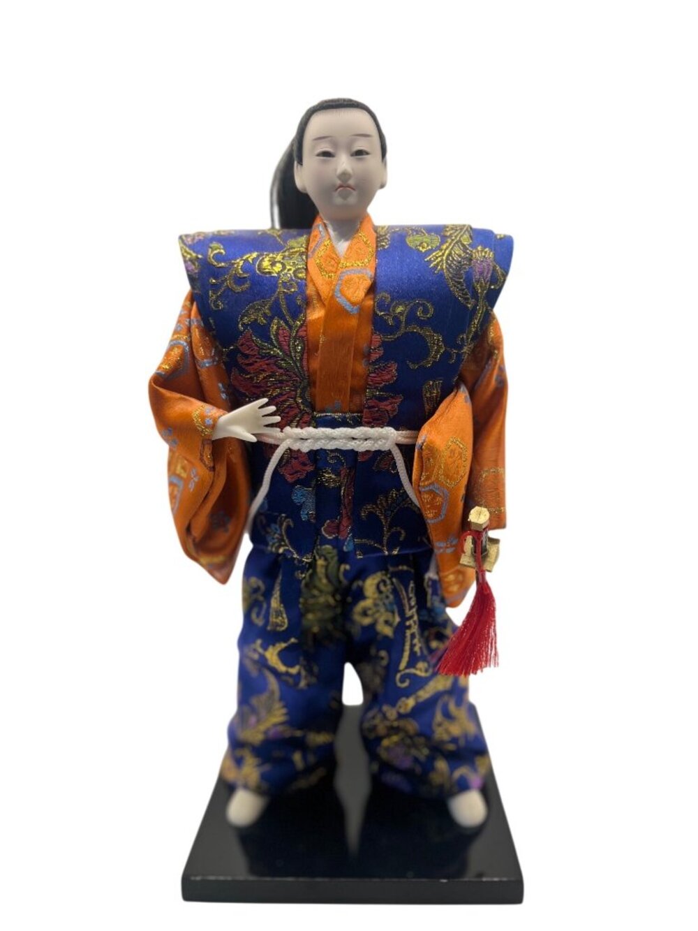 Japanese Samurai Doll 12-Inch With Embroidered Blue & Orange Kimono